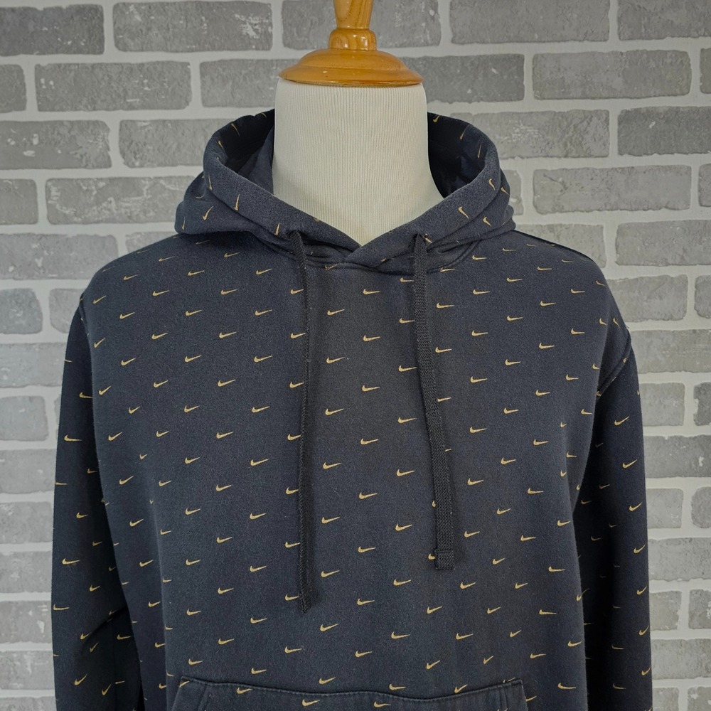 Nike Club Hoodie AOP Swoosh Black Gold Sweatshirt Mens Large Pullover Streetwear - Picture 2 of 10